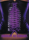 Corset that has purple laces that lace up in the shape of a bottle.