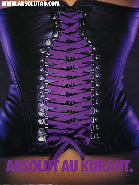 Corset that has purple laces that lace up in the shape of a bottle.