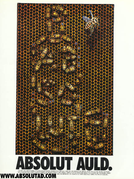 Artwork that shows a beehive with bees formed into the shape of a bottle.