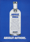 Bottle on a blue background that names hundreds of famous authors.