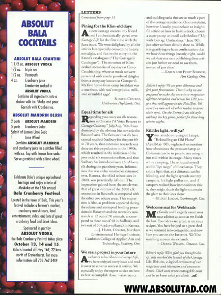 Supplement page to Absolut Bala.  This page has recipes for drinks.