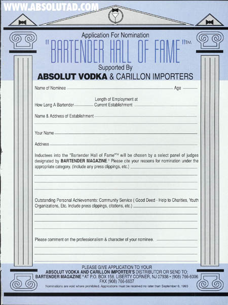 Application to nominate a bartender to the 