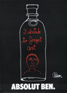 White outline of bottle on black background.  Red writing inside bottle.