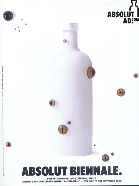 White bottle with eye balls floating around.