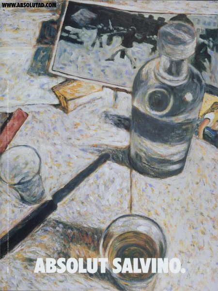 Painting of table with Bottle and glasses.