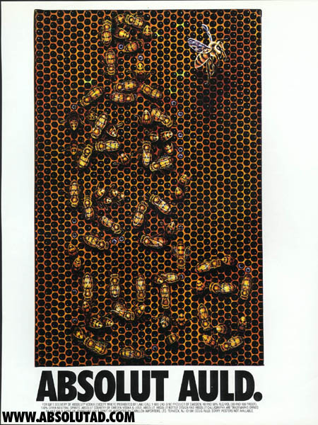 Artwork that shows a beehive with bees formed into the shape of a bottle.