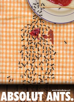 Ants enjoying themselves at a picnic table. Ad by Creative Design.
www.creativedesign.co.il/absolut/